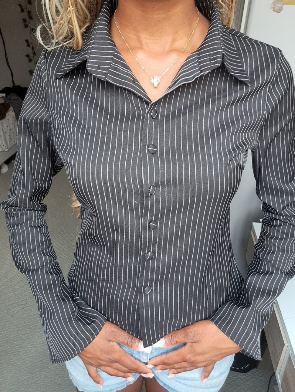 Black Pinstripe Button-Front Women's Shirt
